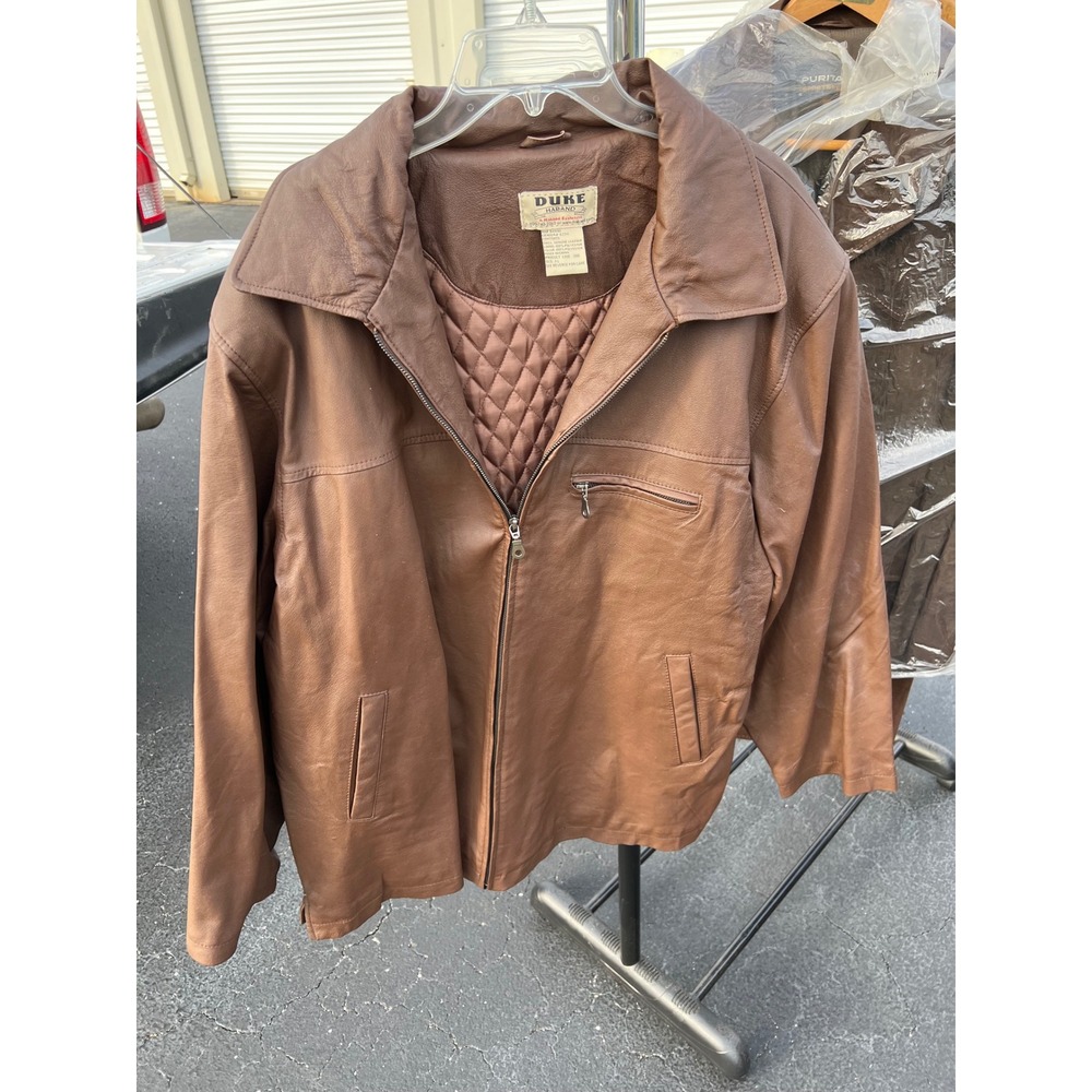 Duke Haband Leather Jacket Mens XL Brown‎ Quilted Lined Full Zip Classic